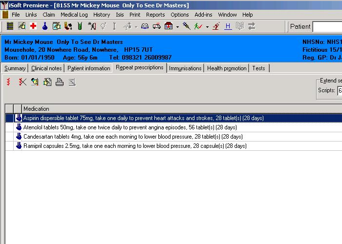 A test patient’s repeat medicines in iSoft Premiere, each with its clinical indication, for example aspirin “to prevent heart attacks and strokes”.