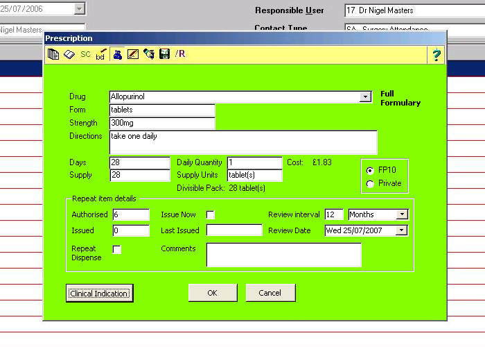 Prescribing allopurinol for the same patient. The prescriber clicks the Clinical Indication button.