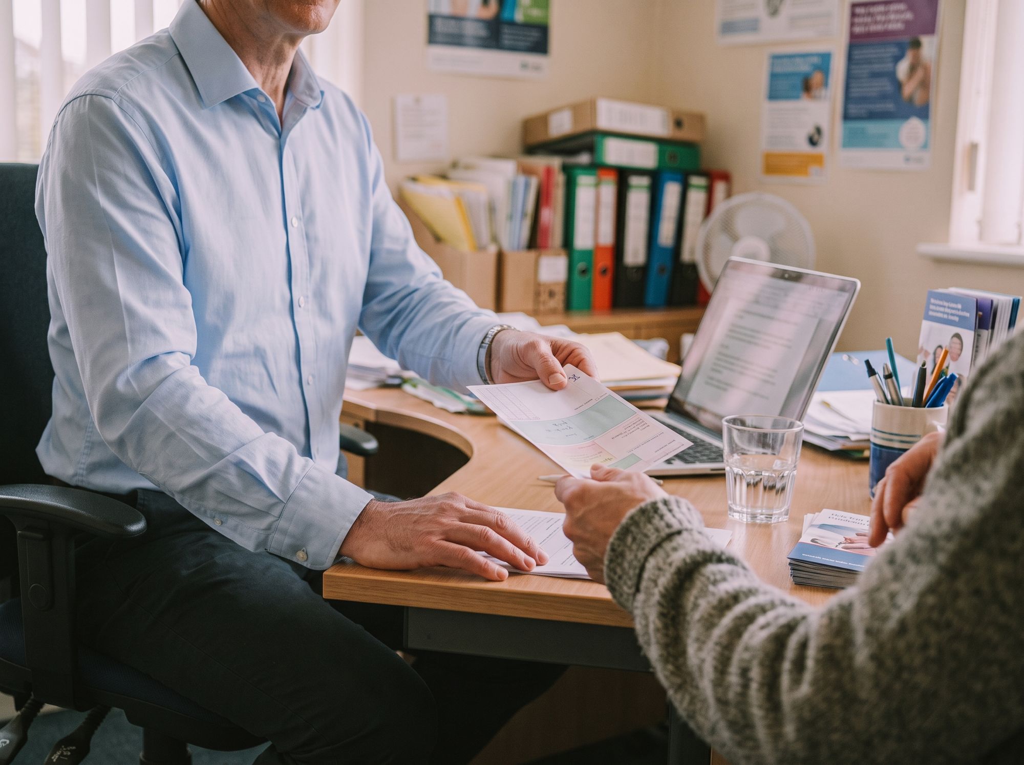 A GP hands a patient a prescription across his surgery desk